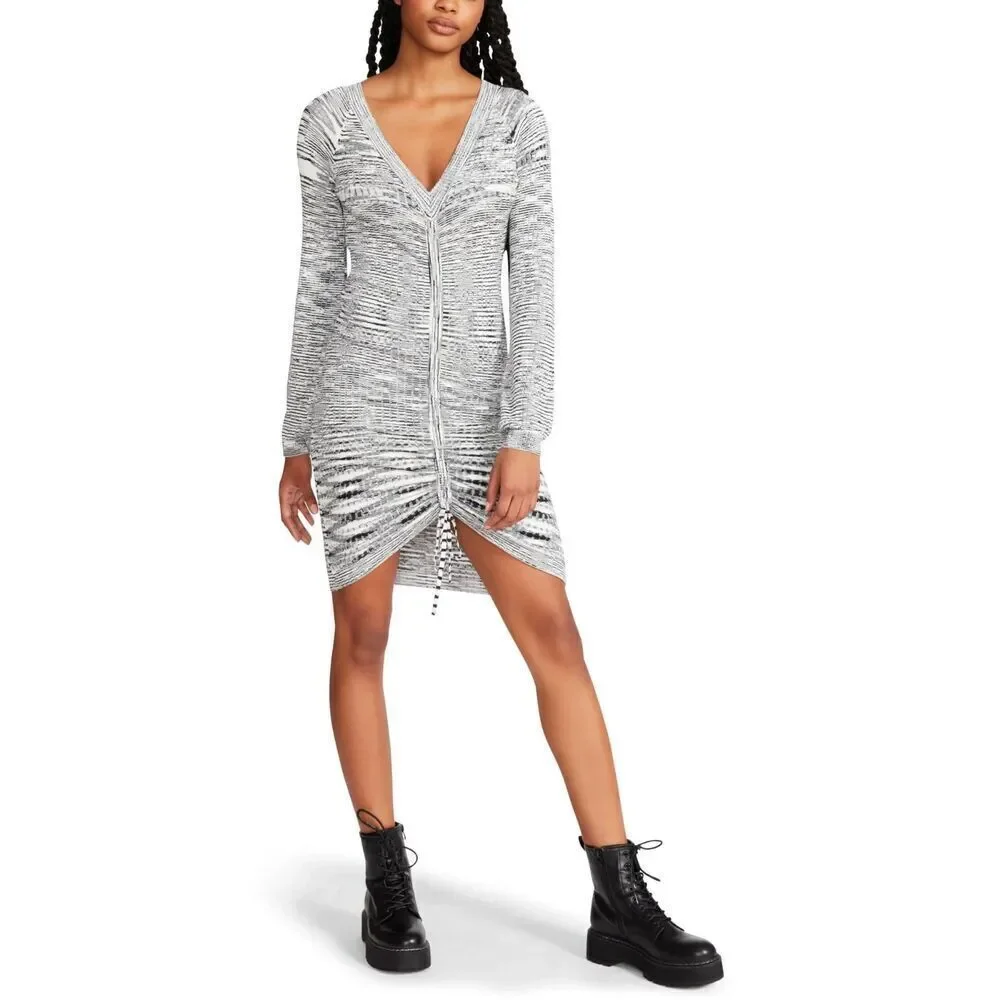 STEVE‎ MADDEN Sophie Dress Womens Size L Black Long Sleeve Bodycon Ruched Casual